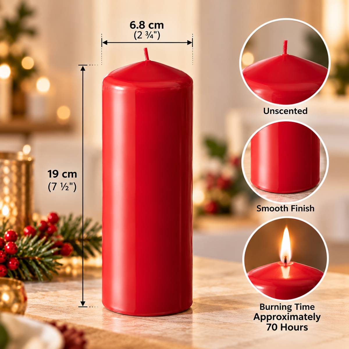 IKEA FENOMEN Unscented Pillar Candles, 2 Pack, Red, 19 cm (7 ½ ") Height, 70-Hour Long Burning Time Each, Plant-Based & Paraffin Wax Blend, Decorative Christmas Candles for Home Décor, Dining Tables, Weddings, Parties & Holiday Displays
