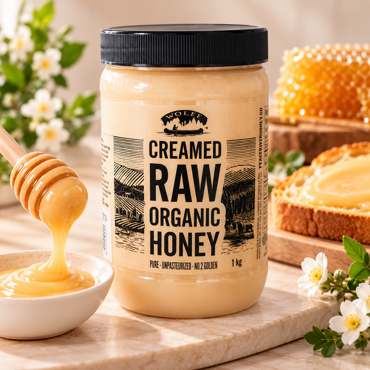 Wolfe Creamed Raw Organic Honey, 1 kg (2.2 lb), Smooth Spreadable Honey, Canadian & Brazilian Organic Honey Blend, Natural Sweetener for Toast, Breakfast, Tea, Baking & Cooking