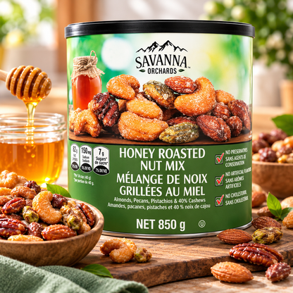 Savanna Orchards Gourmet Honey Roasted Nut Mix, 850 g (30 oz), Premium Cashews, Almonds, Pecans & Pistachios, Sweet & Crunchy Honey Coated Mixed Nuts, Resealable Snack Container for Parties