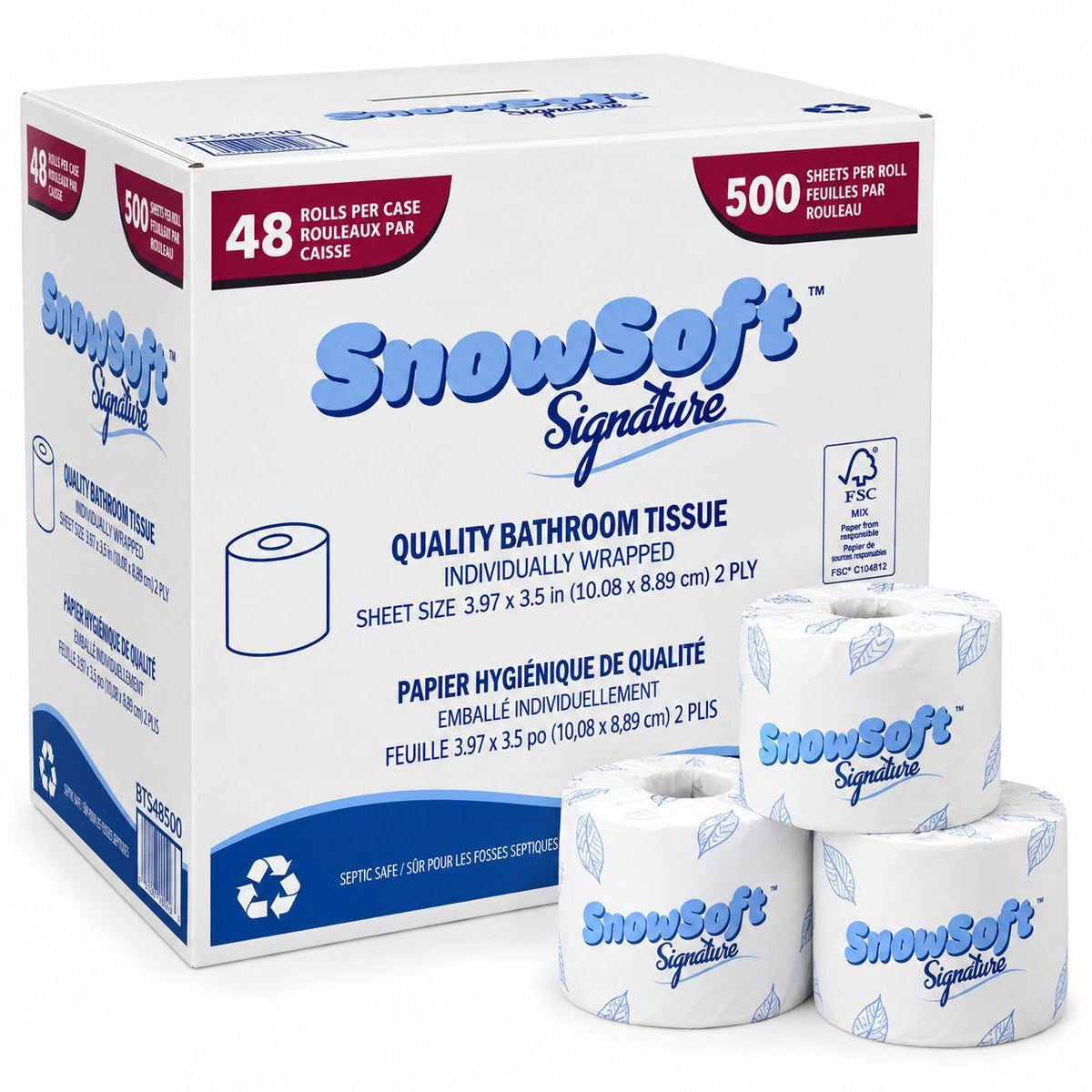 Snowsoft Bathroom Tissue, 2-Ply, 500 Sheets per Roll, 48 Rolls
