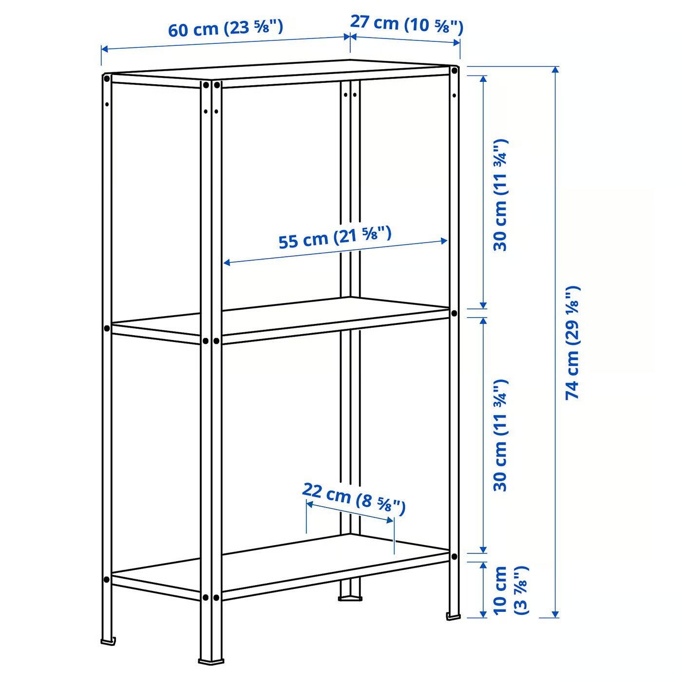 IKEA 3-Tier Steel Shelf Unit, Indoor & Outdoor Storage Rack, 60 × 27 × 74 cm,