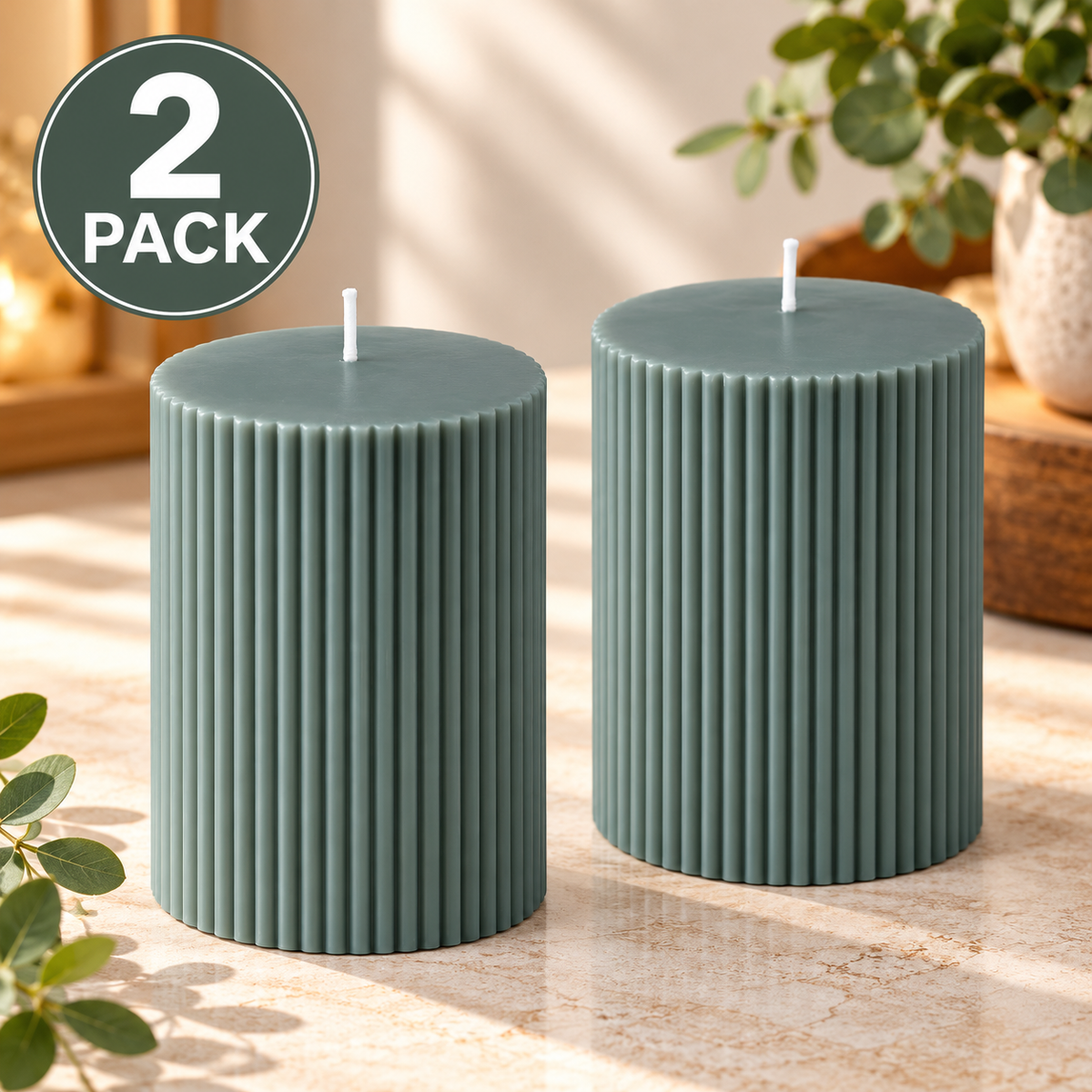IKEA SNÖSISKA Unscented Pillar Candles, 2 Pack, Dark Gray-Green, 10 cm (4 ") Height, 7 cm (2 ¾ ") Diameter, 30-Hour Burning Time Each, Modern Ribbed Decorative Candles for Living Room, Dining Table, Christmas, Holiday & Home Décor