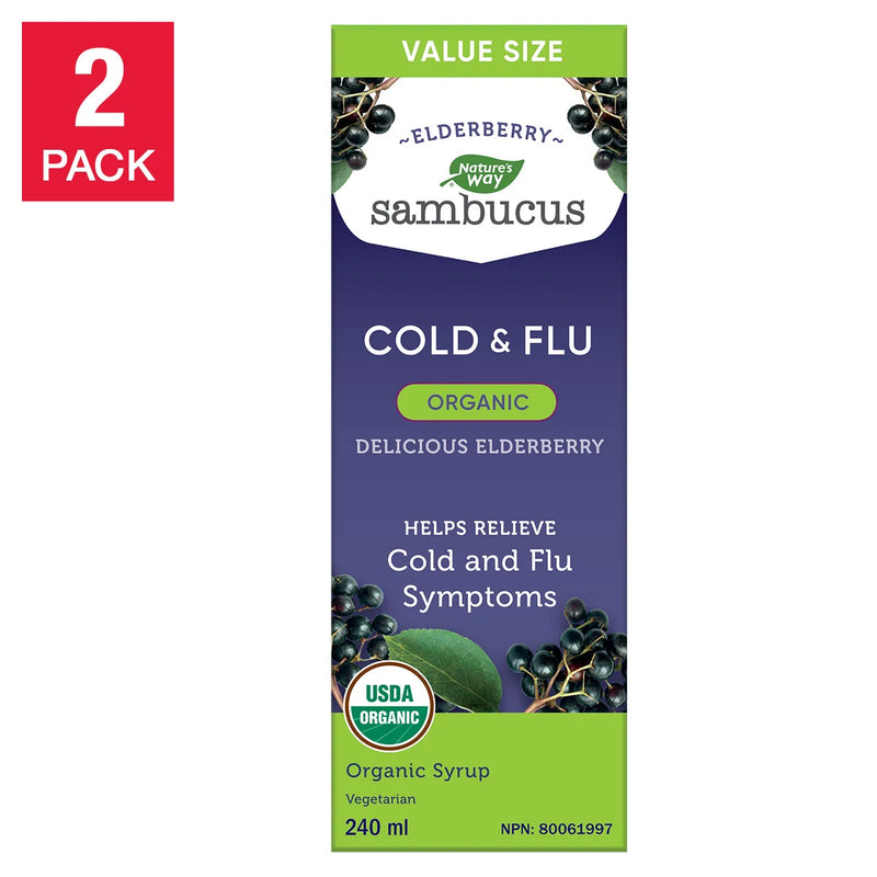 Sambucus Organic Elderberry Cold and Flu Syrup, 2 Bottles of 240 mL