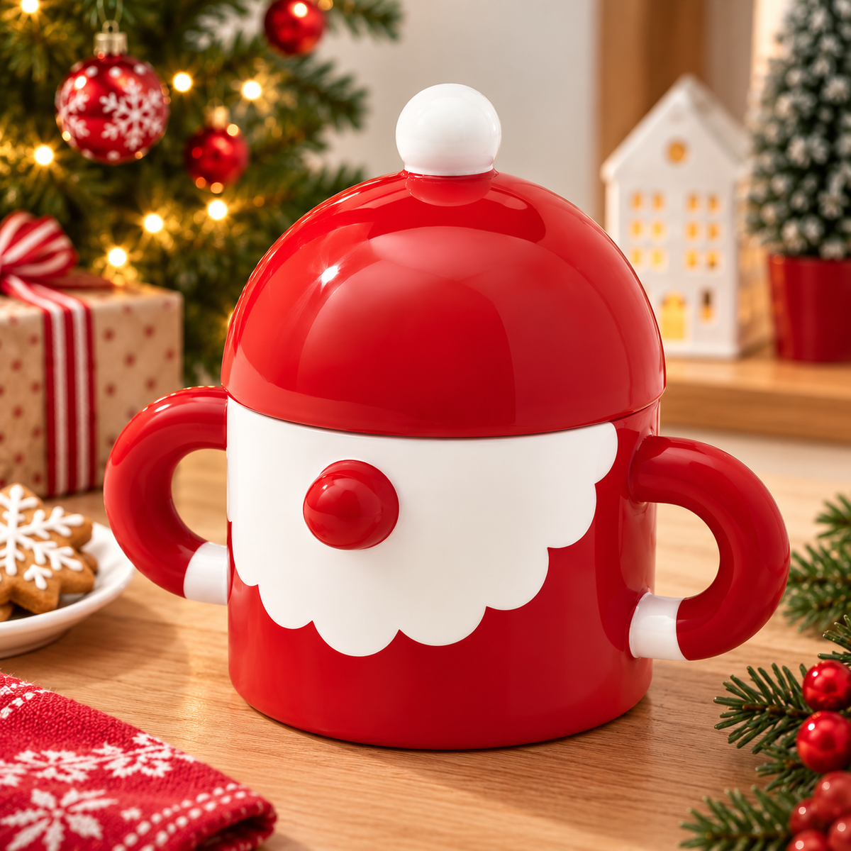 IKEA VINTERFINT Santa Claus Bowl with Lid, Red Christmas Decorative Storage Container, Festive Holiday Candy & Treat Bowl, Santa-Themed Tabletop Decoration for Kitchen, Dining Table & Home Décor