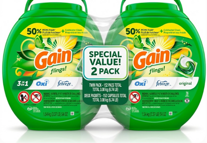 Gain Flings Laundry Detergent Pacs, Original Scent, 76 Count x 2 Pack (152 Loads Total) | HE Compatible Laundry Pods