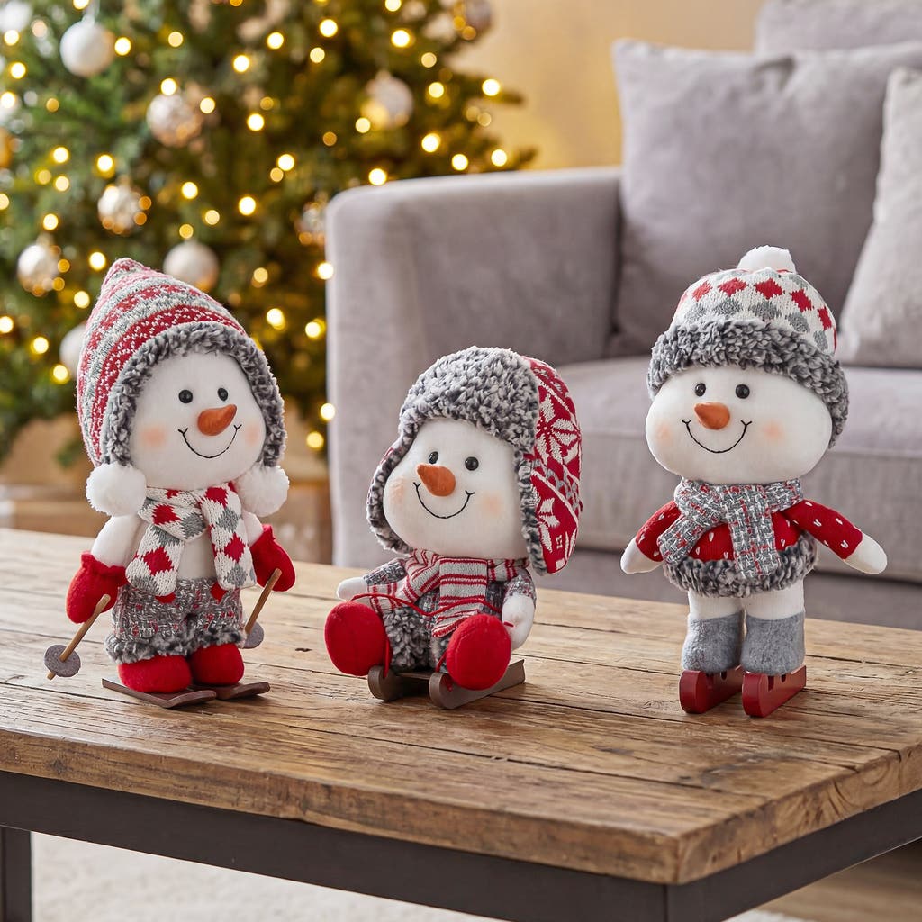 (3-Piece) Plush Snowman Christmas Figurine Set – Skiing, Sleigh & Skating Holiday Decorations