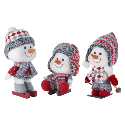(3-Piece) Plush Snowman Christmas Figurine Set – Skiing, Sleigh & Skating Holiday Decorations