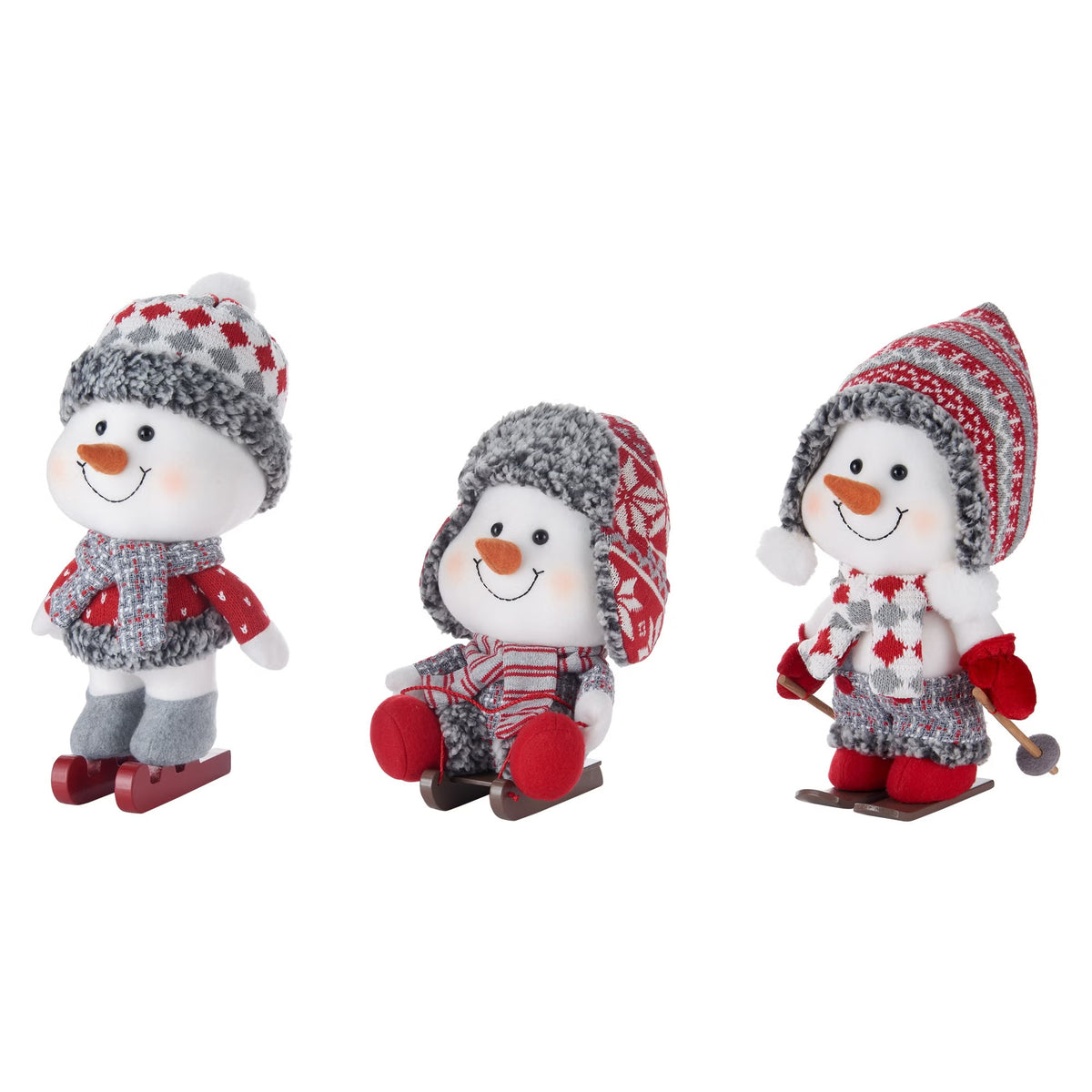 (3-Piece) Plush Snowman Christmas Figurine Set – Skiing, Sleigh & Skating Holiday Decorations
