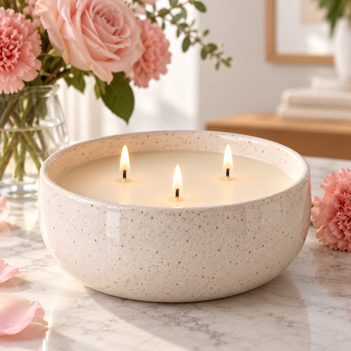 IKEA PÄRLHÖNA Rose &amp; Carnation Scented Candle in Ceramic Jar, 3-Wick Off-White Decorative Candle, 30-Hour Burn Time, Speckled Stoneware Container for Living Room, Bedroom &amp; Home Décor