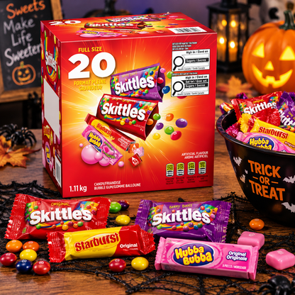 Skittles, Starburst &amp; Hubba Bubba Assorted Candy Variety Pack, 20 Individually Packaged Treats, 1.1 kg, Fruity Chewy Candy &amp; Bubble Gum, Halloween Party Snacks