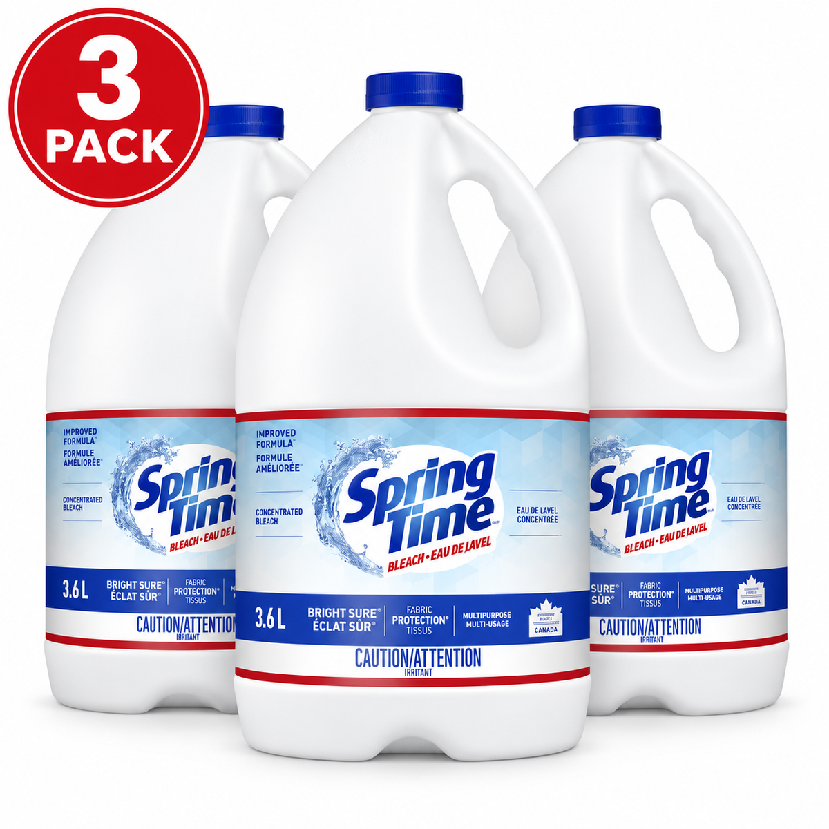 (3 Pack) Springtime Concentrated Liquid Bleach,Multi-Purpose Laundry Whitener, Stain Remover & Household Surface Cleaner (3.6 L Each)