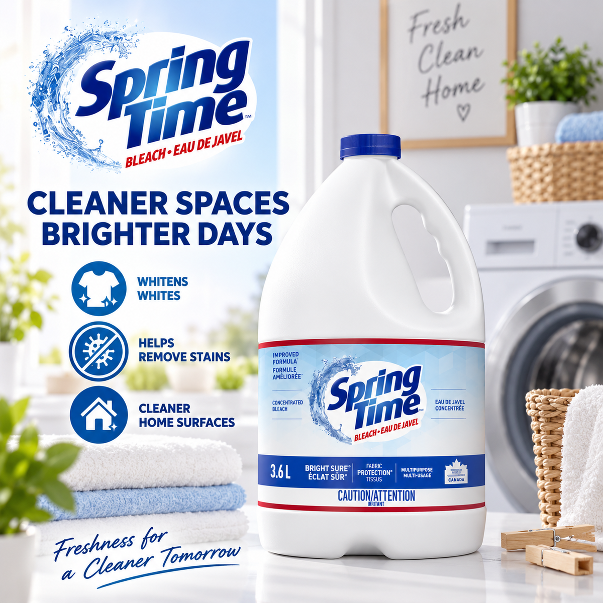 (3 Pack) Springtime Concentrated Liquid Bleach,Multi-Purpose Laundry Whitener, Stain Remover & Household Surface Cleaner (3.6 L Each)