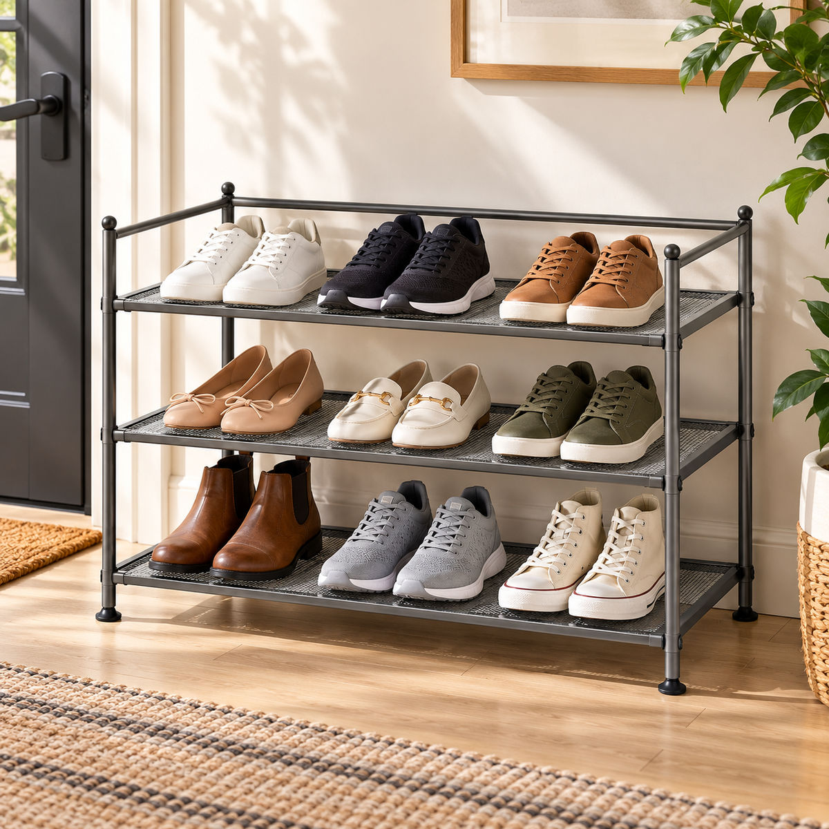 Seville Classics 3-Tier Stackable Steel Mesh Shoe Rack, Grey, 69.2 × 32.4 × 47.6 cm (27.25 × 12.75 × 18.75 in), Heavy-Duty Metal Shoe Organizer, Holds Up to 9 Pairs, Foldable Storage Shelves for Entryway, Closet, Bedroom & Garage