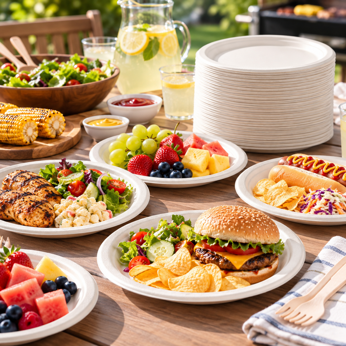 Forest for Climate Compostable Lunch Plates, 180 Pack, 22.5 cm (8.86 in), Round Disposable Plates, Soak-Resistant, Plant-Based Party Plates for Hot & Cold Food, BBQ, Picnics, Birthdays, Catering & Everyday Meals
