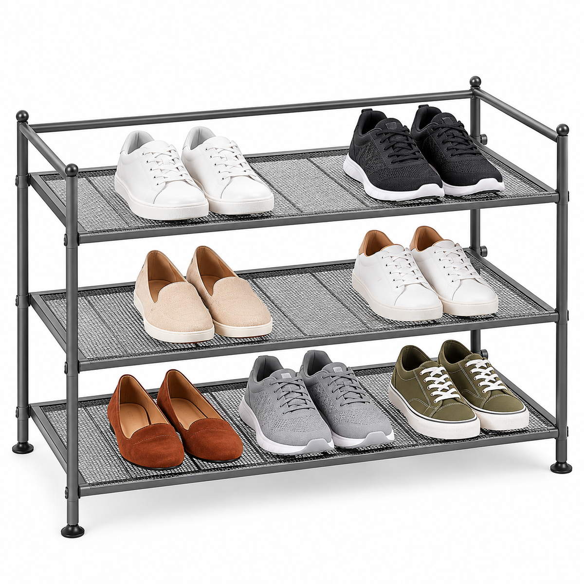 Seville Classics 3-Tier Stackable Steel Mesh Shoe Rack, Grey, 69.2 × 32.4 × 47.6 cm (27.25 × 12.75 × 18.75 in), Heavy-Duty Metal Shoe Organizer, Holds Up to 9 Pairs, Foldable Storage Shelves for Entryway, Closet, Bedroom & Garage