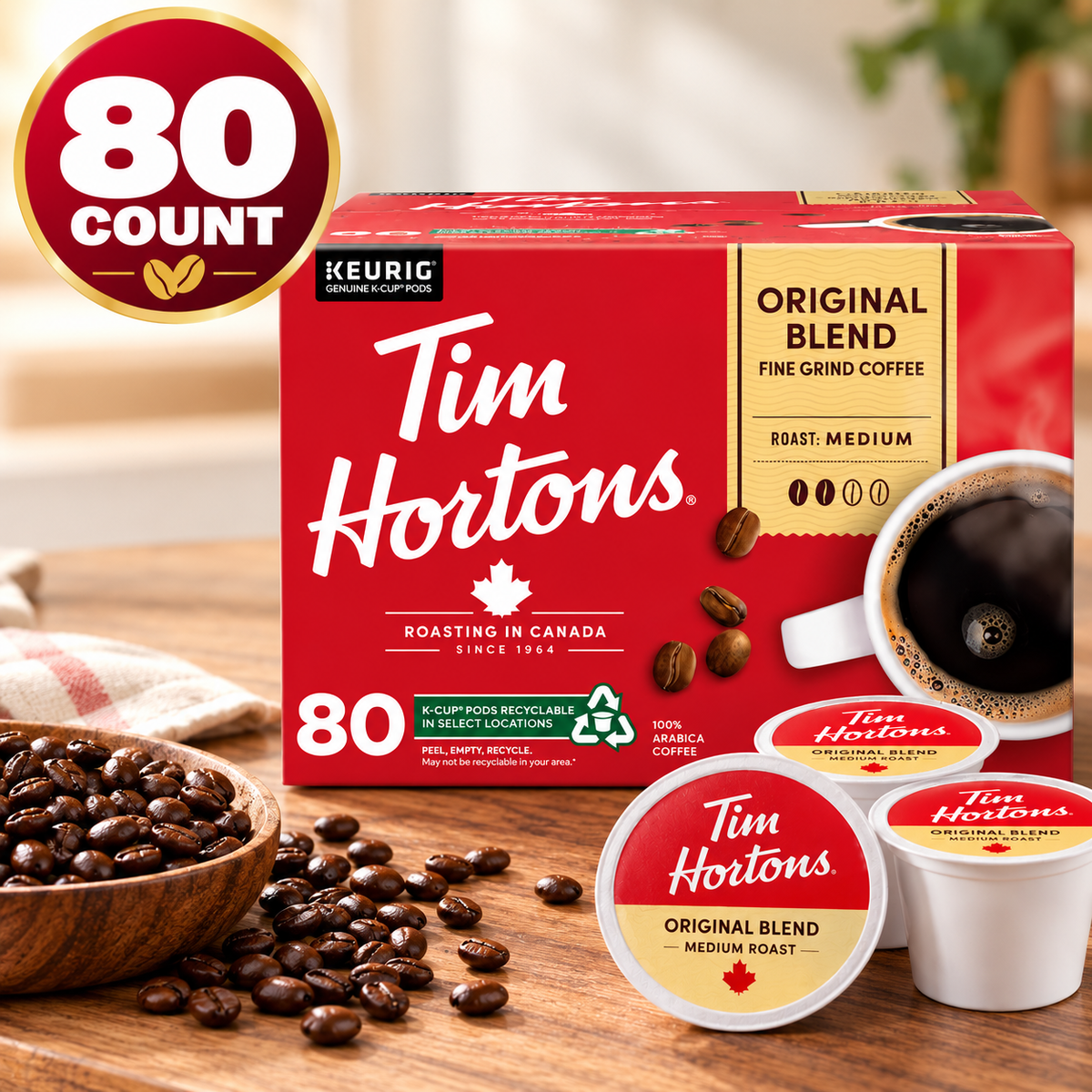 (80 Count) Tim Hortons Original Blend Medium Roast Coffee K-Cup Pods, 100% Arabica Coffee, Smooth & Balanced Ground Coffee, Single-Serve Coffee Capsules Compatible with Keurig K-Cup Brewers, Roasted & Packaged in Canada