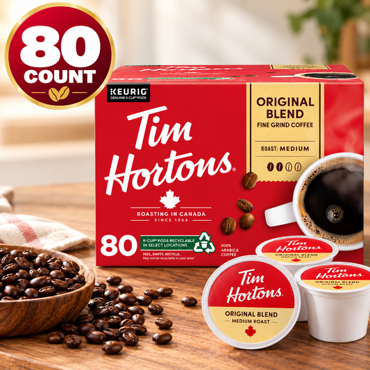 (80 Count) Tim Hortons Original Blend Medium Roast Coffee K-Cup Pods, 100% Arabica Coffee, Smooth & Balanced Ground Coffee, Single-Serve Coffee Capsules Compatible with Keurig K-Cup Brewers, Roasted & Packaged in Canada
