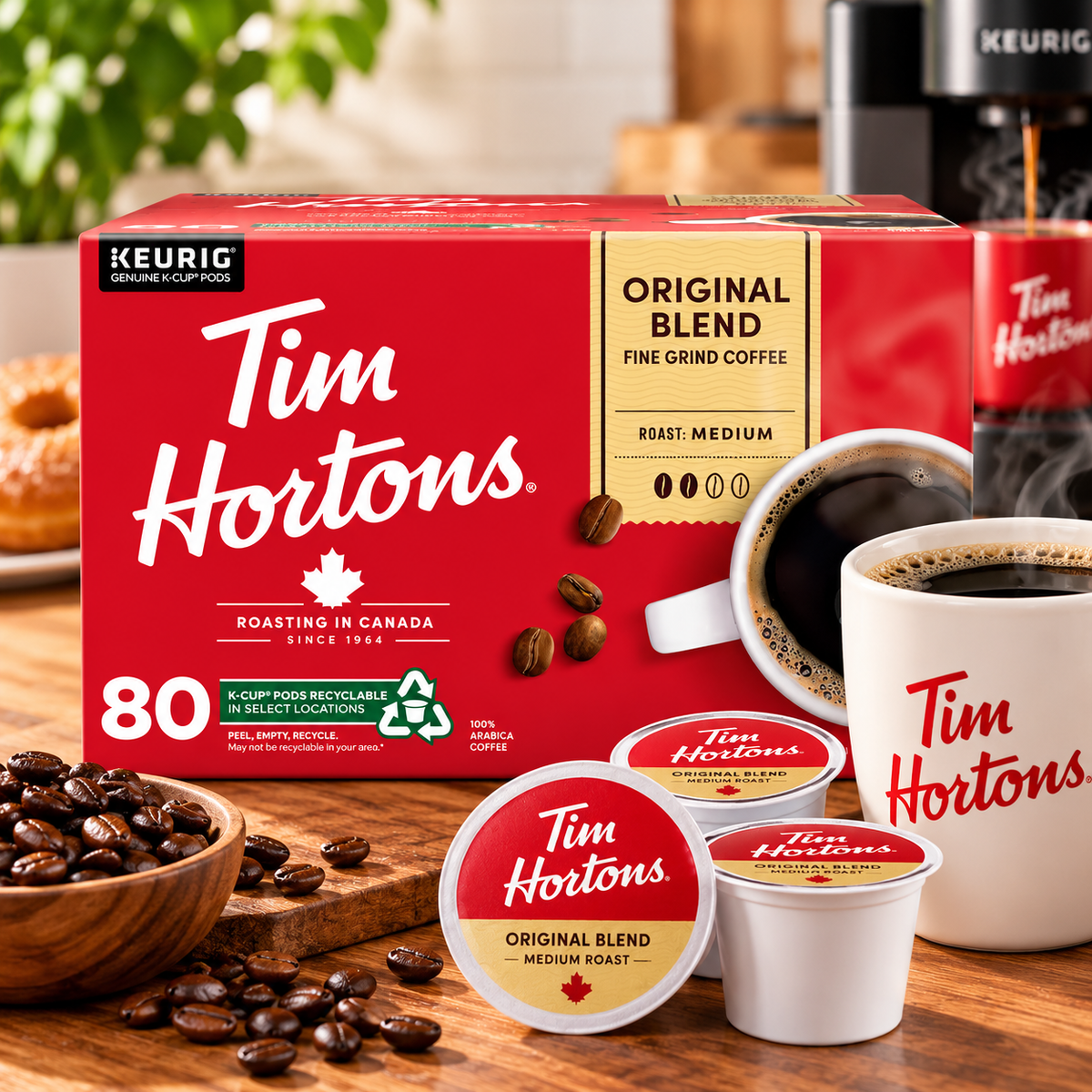 (80 Count) Tim Hortons Original Blend Medium Roast Coffee K-Cup Pods, 100% Arabica Coffee, Smooth & Balanced Ground Coffee, Single-Serve Coffee Capsules Compatible with Keurig K-Cup Brewers, Roasted & Packaged in Canada