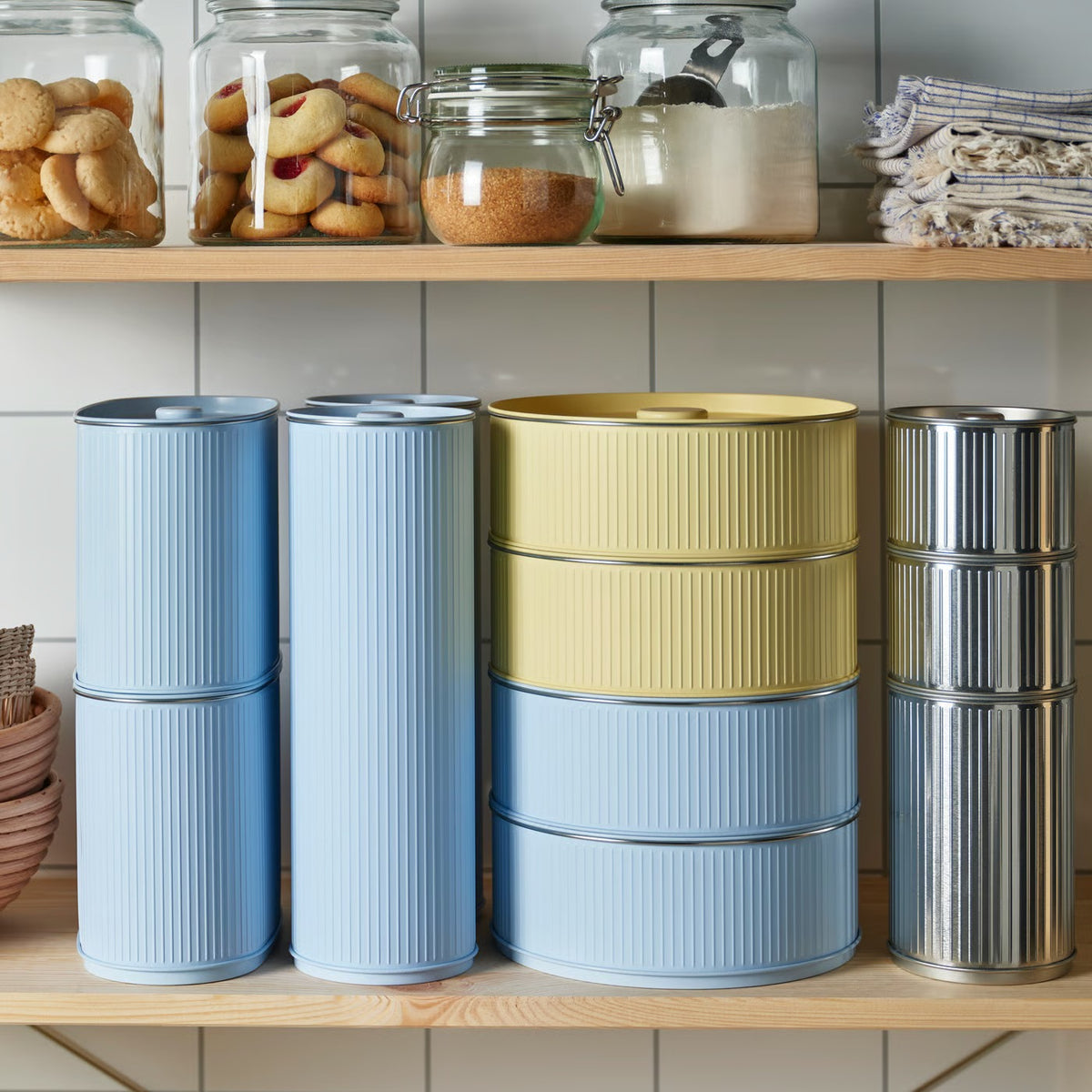 IKEA BETTHAJ Tin with lid, for cookies/pale yellow pale blue, 2.5 l (2.6 qt)