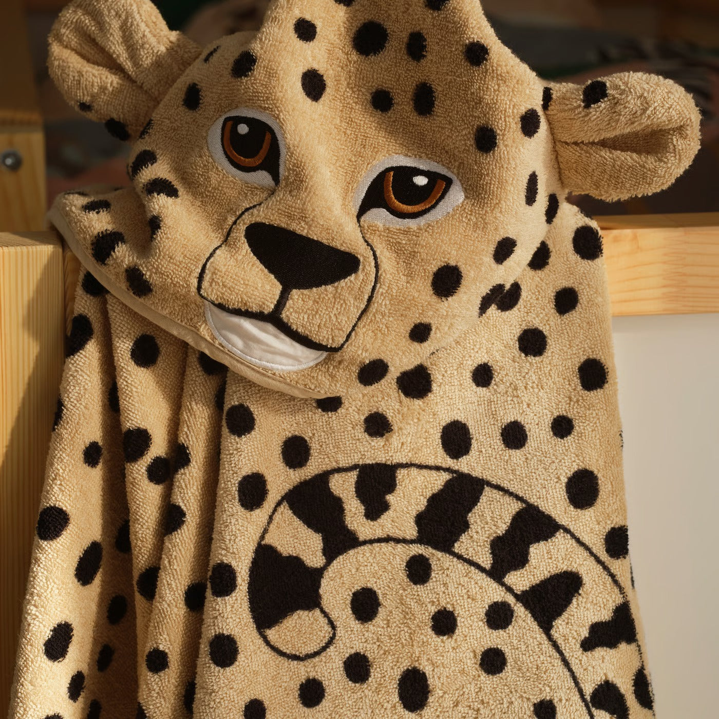 IKEA SANDLÖPARE Towel with hood, light brown/cheetah pattern, 70x140 cm (27 1/2x55 1/8 ")