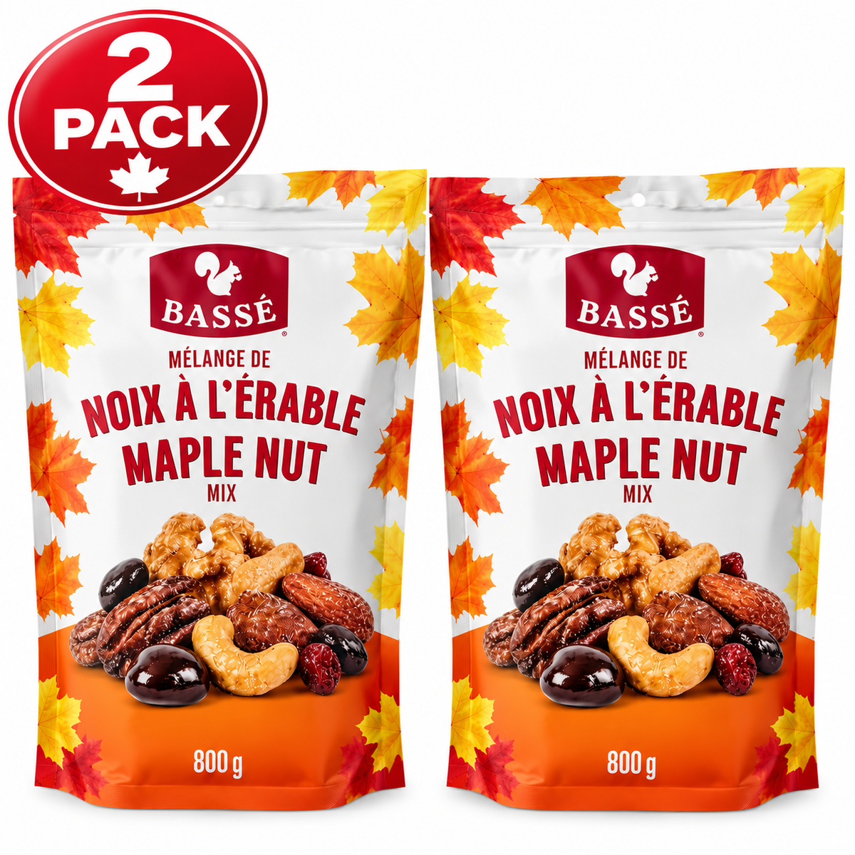 (2 Pack) Bassé Maple Roasted Nut Mix with Dark Chocolate Covered Cranberries, 800 g × 2 Pack (1.6 kg Total)