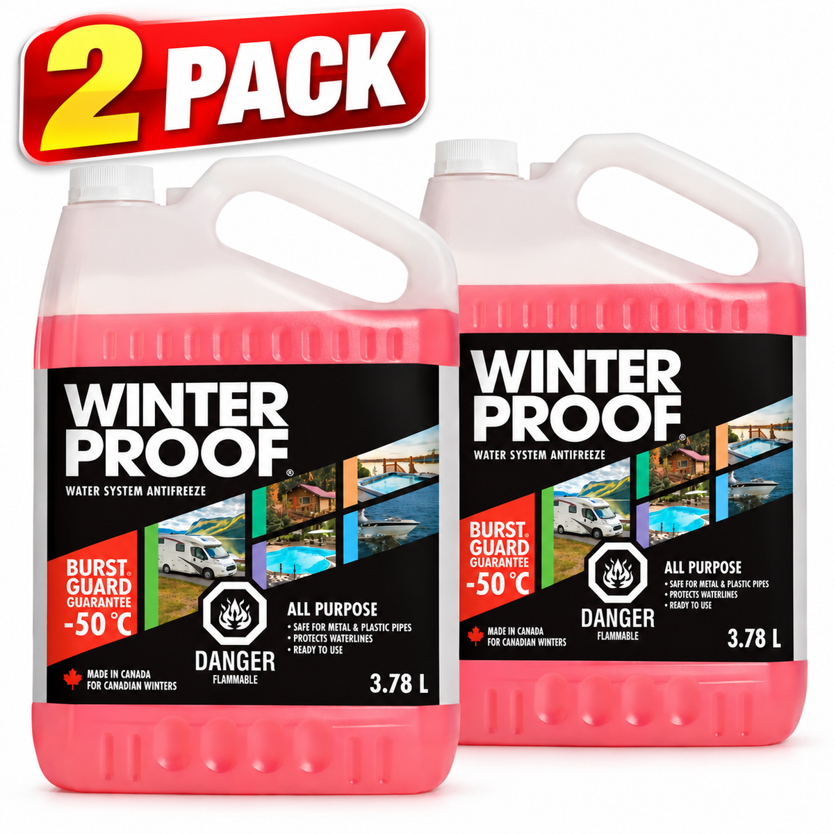 WinterProof All-Purpose Water System Antifreeze, 2 Pack × 3.78 L (7.56 L Total), -50°C (-58°F) Burst Protection, Ready-to-Use Plumbing Winterizing Liquid for RVs, Camper Trailers, Pools, Hot Tubs, Cottages, Cabins & Boats