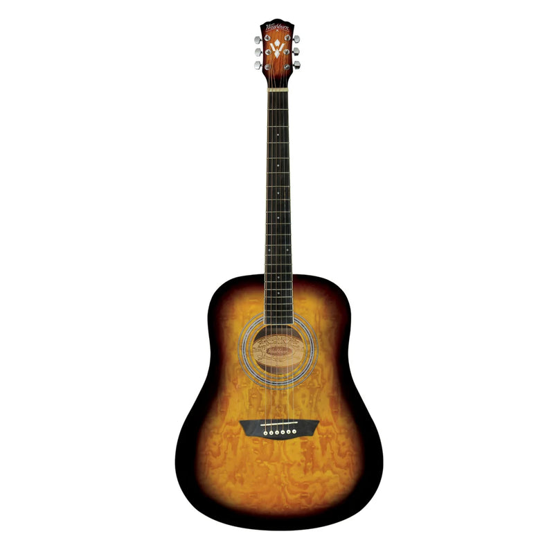 Pack guitare acoustique Washburn Premium, table en érable matelassé, finition tabac vintage