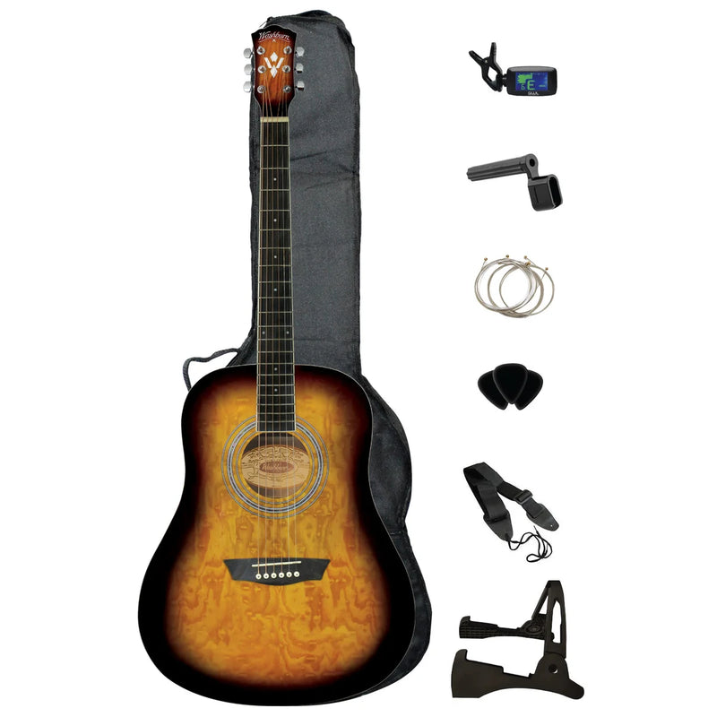 Pack guitare acoustique Washburn Premium, table en érable matelassé, finition tabac vintage