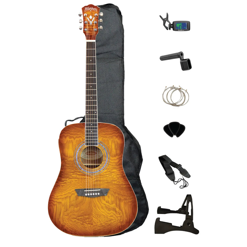 Pack guitare acoustique Washburn Premium, table en érable matelassé – Sand Burst