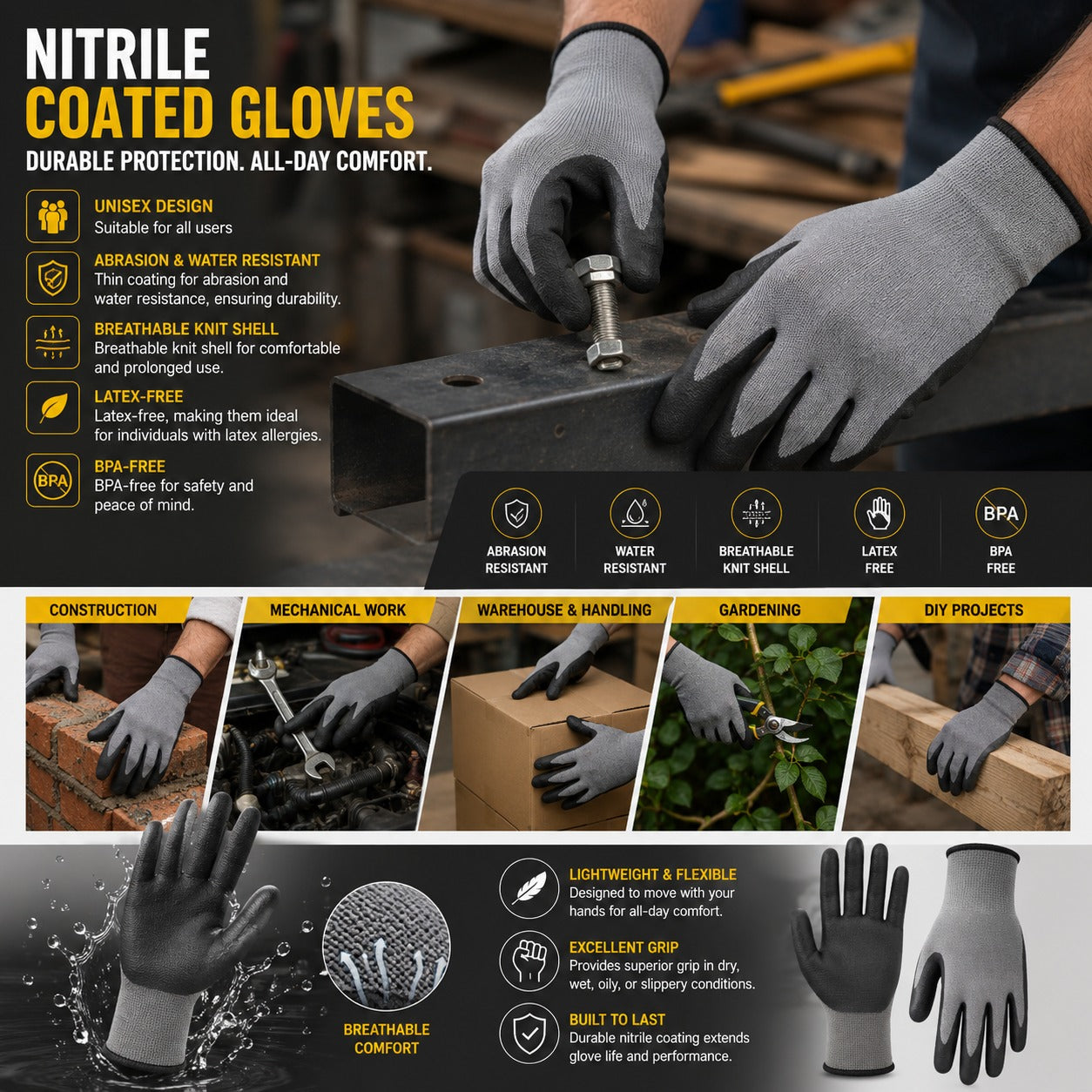 Performance Knit Nitrile Coated Work Gloves, Gray