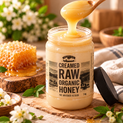 Wolfe Creamed Raw Organic Honey, 1 kg (2.2 lb), Smooth Spreadable Honey, Canadian & Brazilian Organic Honey Blend, Natural Sweetener for Toast, Breakfast, Tea, Baking & Cooking