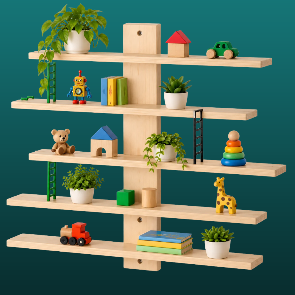 Wooden Wall Shelf with Adjustable Shelves & 3 Mini Ladders – Wall-Mounted Toy & Décor Display Organizer ( Decorative toys, plants, and accessories shown in images are not included )