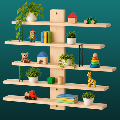 Wooden Wall Shelf with Adjustable Shelves & 3 Mini Ladders – Wall-Mounted Toy & Décor Display Organizer ( Decorative toys, plants, and accessories shown in images are not included )