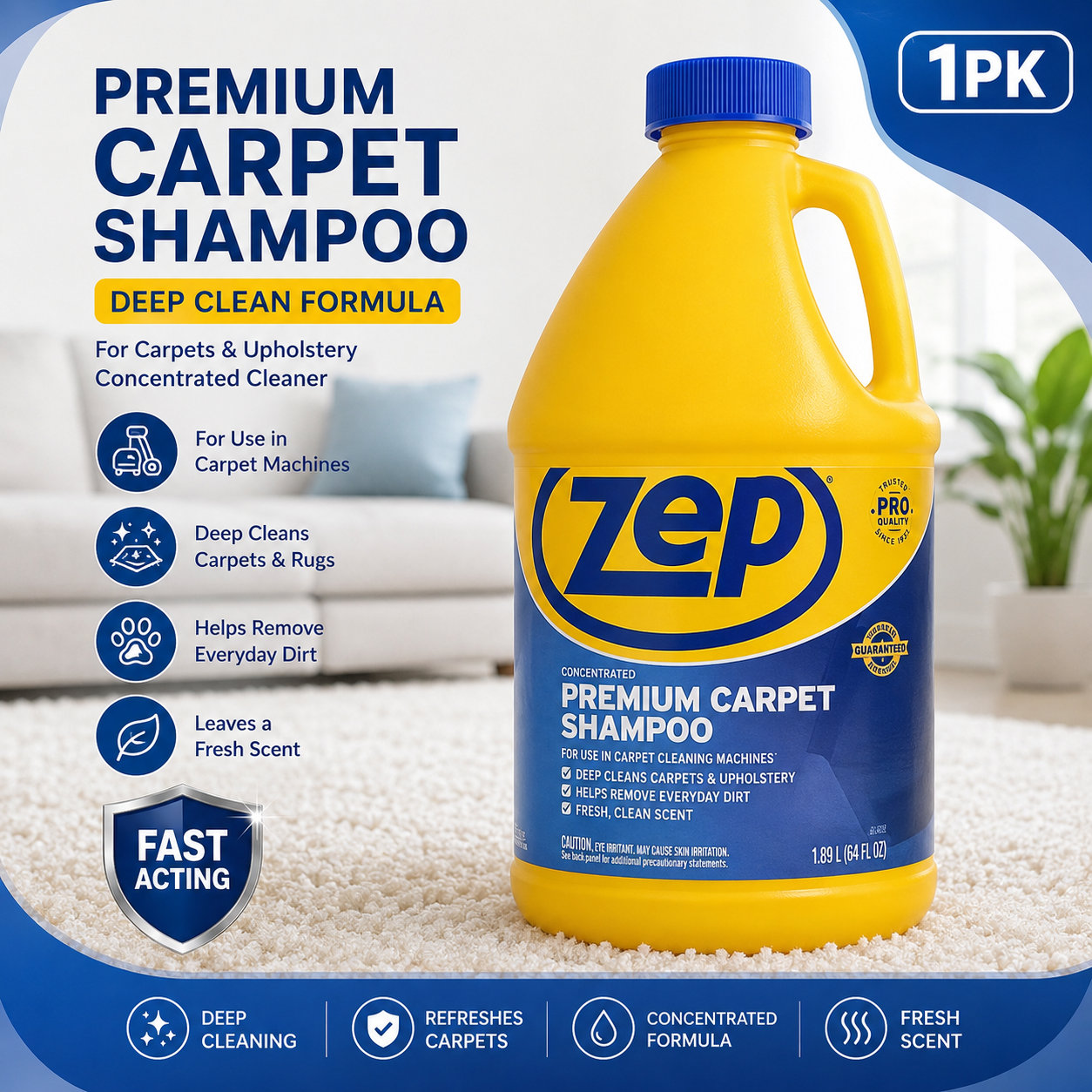 ZEP Premium Carpet Cleaning Solution, Deep Clean Formula, Fresh Scent, 1.89 L