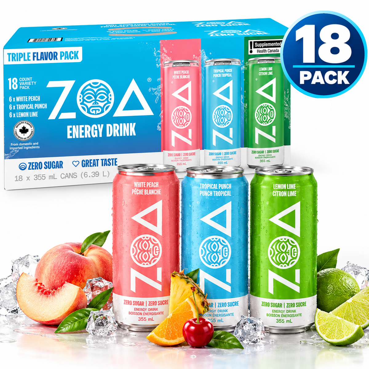 ZOA Zero Sugar Energy Drink Triple Flavour Variety Pack, 18 Cans × 355 mL (12 fl oz), White Peach, Tropical Punch & Lemon Lime, 120 mg Natural Caffeine, Electrolytes, B & C Vitamins, Refreshing Canned Energy Beverages