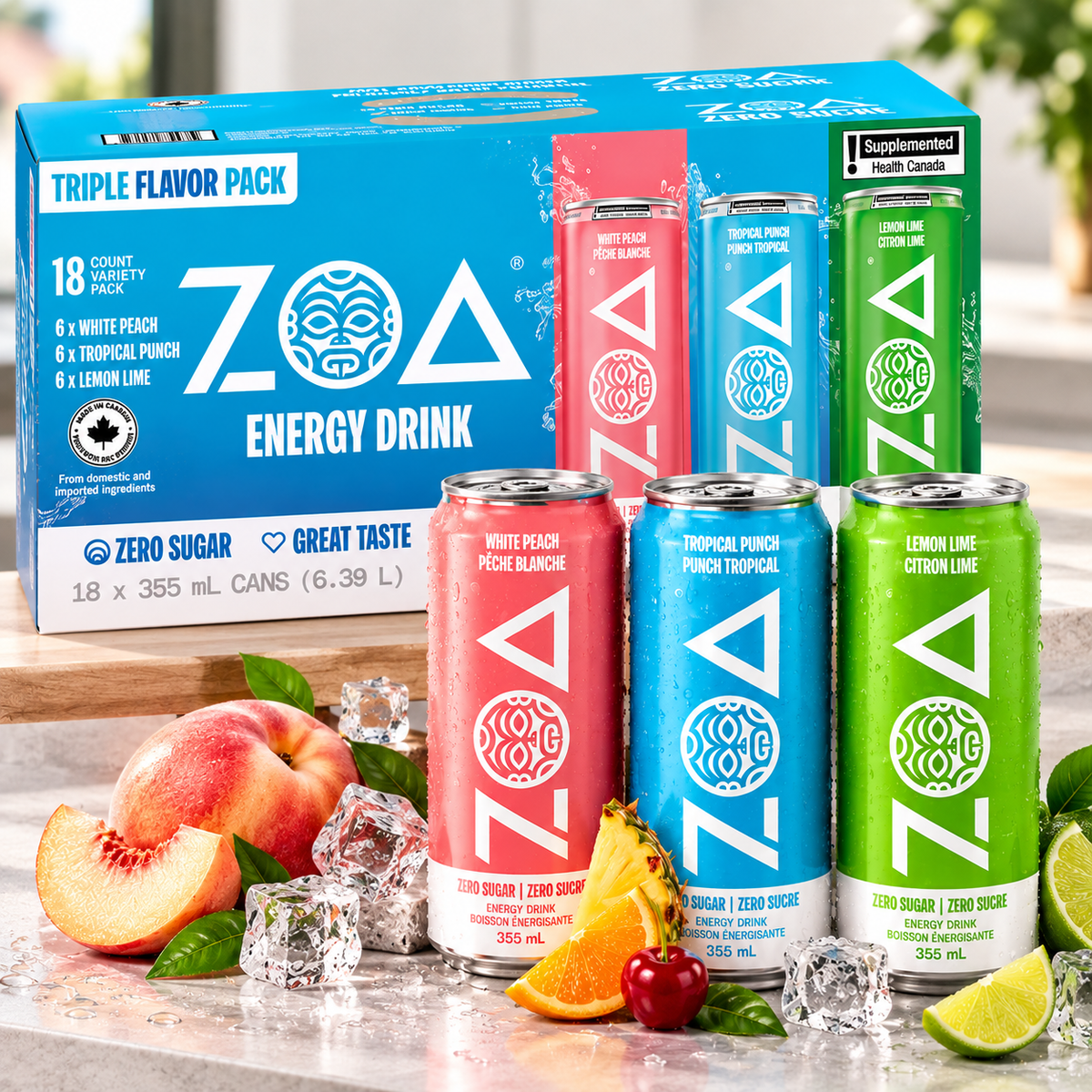 ZOA Zero Sugar Energy Drink Triple Flavour Variety Pack, 18 Cans × 355 mL (12 fl oz), White Peach, Tropical Punch & Lemon Lime, 120 mg Natural Caffeine, Electrolytes, B & C Vitamins, Refreshing Canned Energy Beverages
