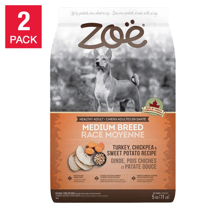 Zoe Medium Breed Dry Dog Food, Turkey Chickpea and Sweet Potato Recipe, 2 x 5 kg (11 lb)