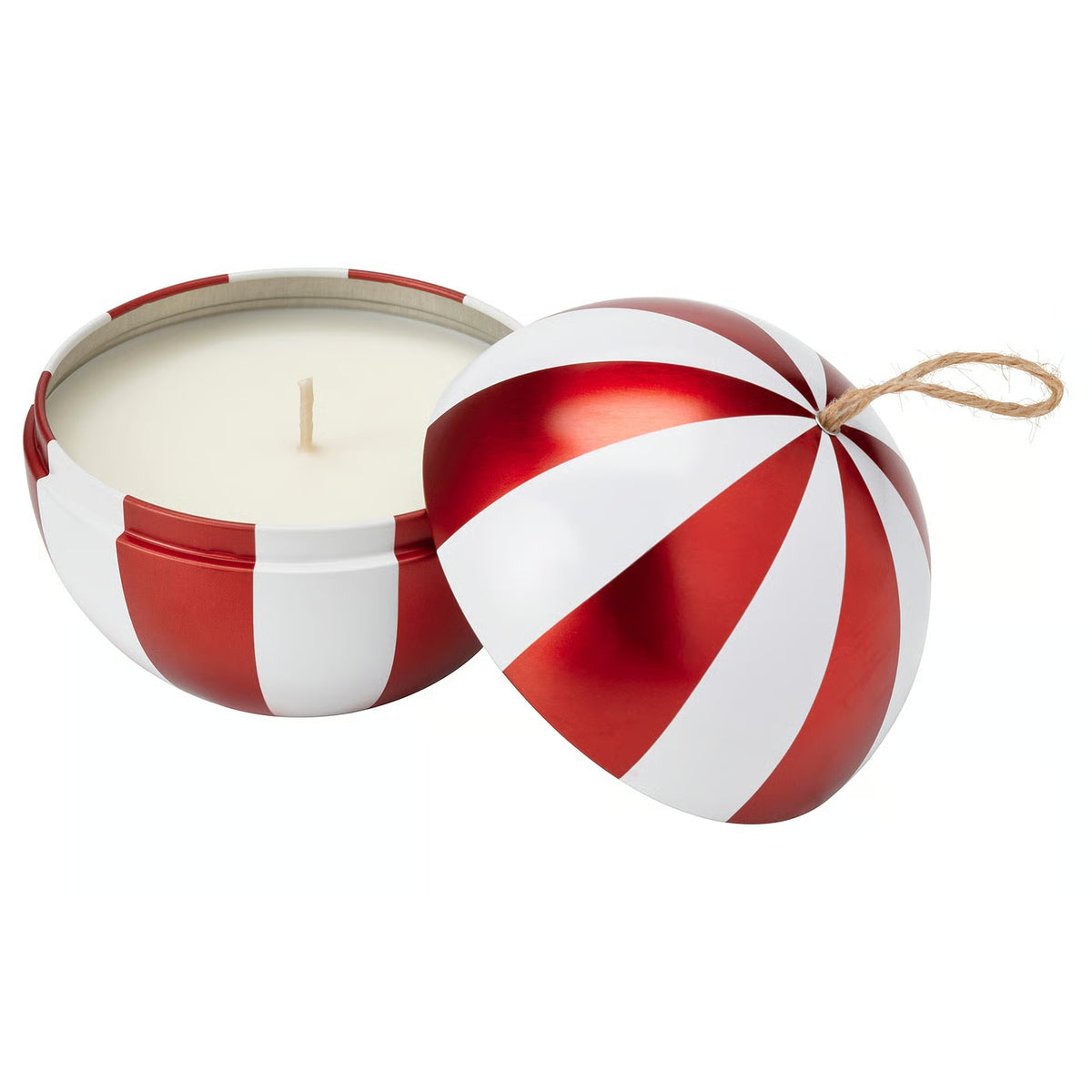 IKEA VINTERFINT Spiced Delight Scented Candle in Metal Cup, Red & White Christmas Bauble Design, 28-Hour Burn Time, Decorative Holiday Candle with Reusable Metal Container for Home Décor