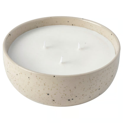 IKEA PÄRLHÖNA Rose &amp; Carnation Scented Candle in Ceramic Jar, 3-Wick Off-White Decorative Candle, 30-Hour Burn Time, Speckled Stoneware Container for Living Room, Bedroom &amp; Home Décor