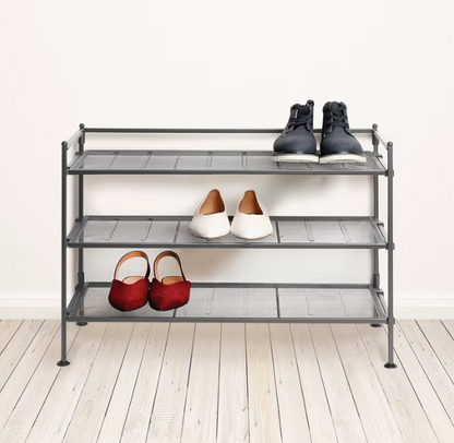 Seville Classics 3-Tier Stackable Steel Mesh Shoe Rack, Grey, 69.2 × 32.4 × 47.6 cm (27.25 × 12.75 × 18.75 in), Heavy-Duty Metal Shoe Organizer, Holds Up to 9 Pairs, Foldable Storage Shelves for Entryway, Closet, Bedroom & Garage