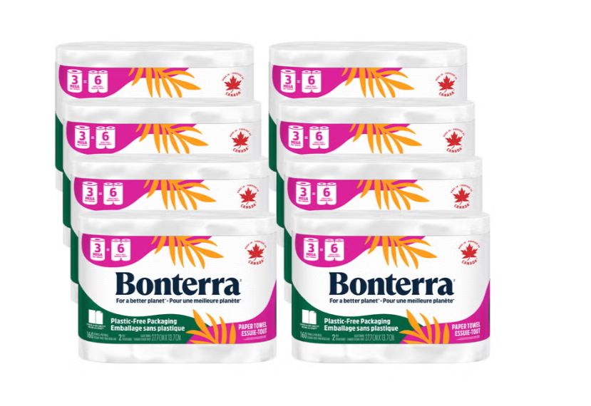 Bonterra 2-Ply Paper Towels, 24 Mega Rolls × 160 Sheets, 3,840 Total Sheets, 100% Recycled Paper, Strong & Absorbent Choose-A-Size Kitchen Towels for Household Cleaning, Wiping Spills, Home & Office