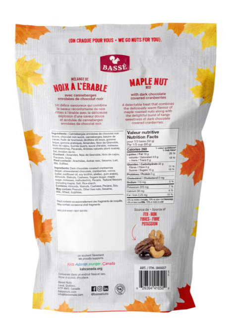 (2 Pack) Bassé Maple Roasted Nut Mix with Dark Chocolate Covered Cranberries, 800 g × 2 Pack (1.6 kg Total)