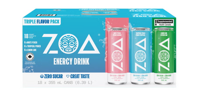 ZOA Zero Sugar Energy Drink Triple Flavour Variety Pack, 18 Cans × 355 mL (12 fl oz), White Peach, Tropical Punch & Lemon Lime, 120 mg Natural Caffeine, Electrolytes, B & C Vitamins, Refreshing Canned Energy Beverages