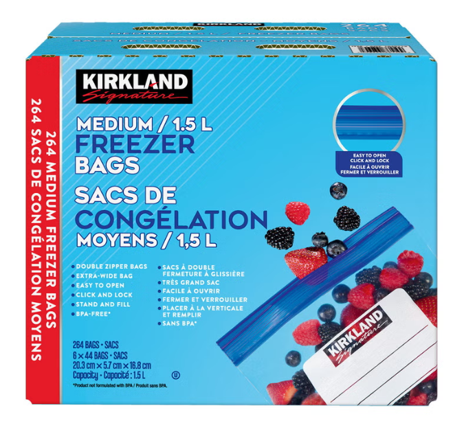 Kirkland Signature Medium Freezer Bags, 264 Count, 1.5 L, Double Zipper Seal, BPA-Free