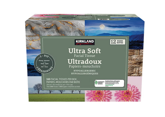 Kirkland Signature Ultra Soft Facial Tissues, 3-Ply, 160 Tissues per Box, 12-Pack