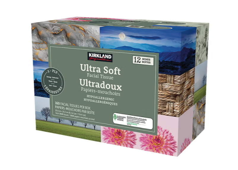 Kirkland Signature Ultra Soft Facial Tissues, 3-Ply, 160 Tissues per Box, 12-Pack