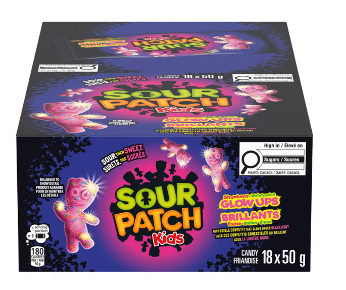 Maynards Sour Patch Kids Glow Ups Strawberry Watermelon Gummies, 18 × 50 g, Sour Then Sweet Candy with Edible Confetti, Blacklight Reactive, 900 g