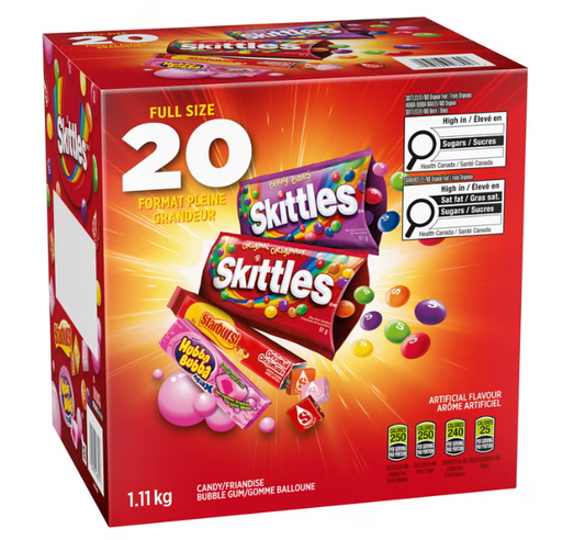 Skittles, Starburst &amp; Hubba Bubba Assorted Candy Variety Pack, 20 Individually Packaged Treats, 1.1 kg, Fruity Chewy Candy &amp; Bubble Gum, Halloween Party Snacks