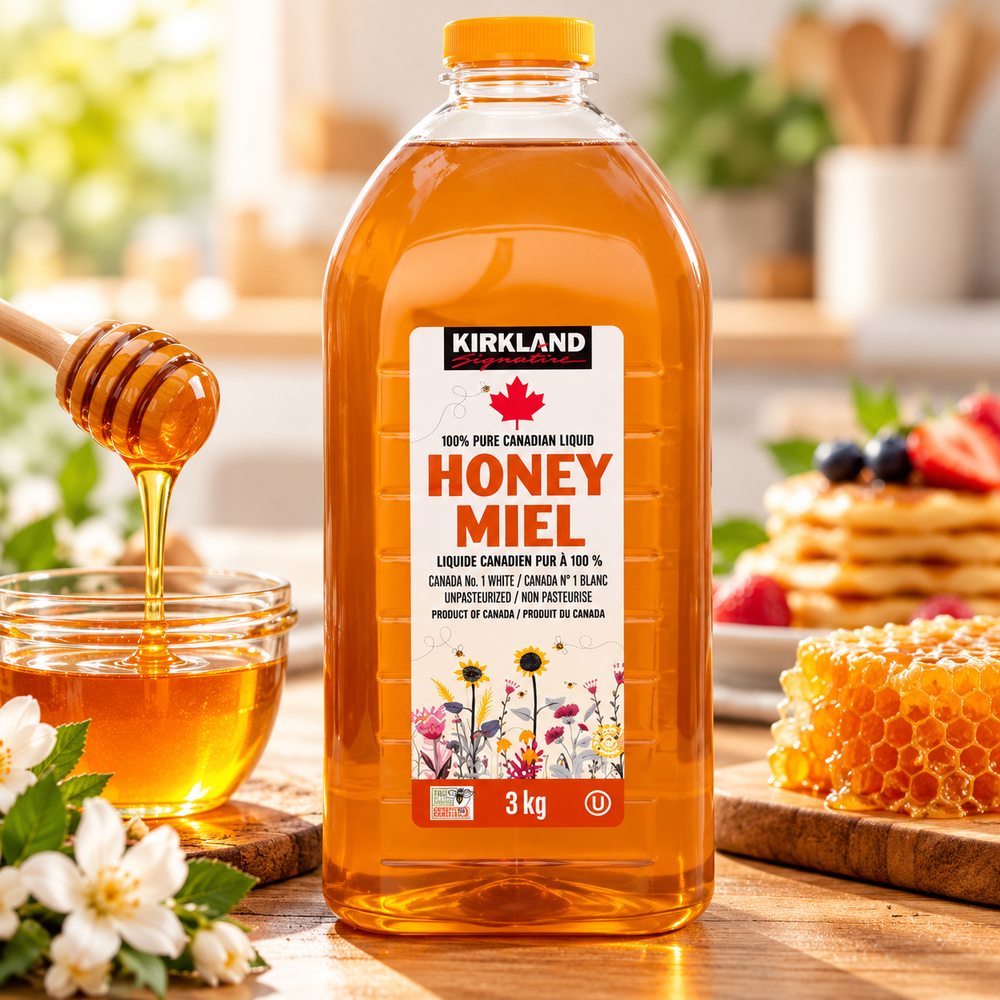 Kirkland Signature 100% Pure Canadian Liquid Honey, 3 kg (6.61 lb), Unpasteurized Canada No. 1 White Honey, Natural Sweetener for Tea, Coffee, Baking, Cooking, Pancakes & Toast