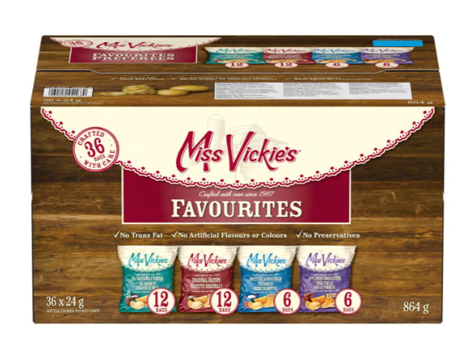 Miss Vickie's Kettle Cooked Potato Chips Variety Pack, 36 × 24 g, Original, Sea Salt &amp; Malt Vinegar, Sweet Chili &amp; Sour Cream, Applewood Smoked BBQ, Assorted Snack Packs